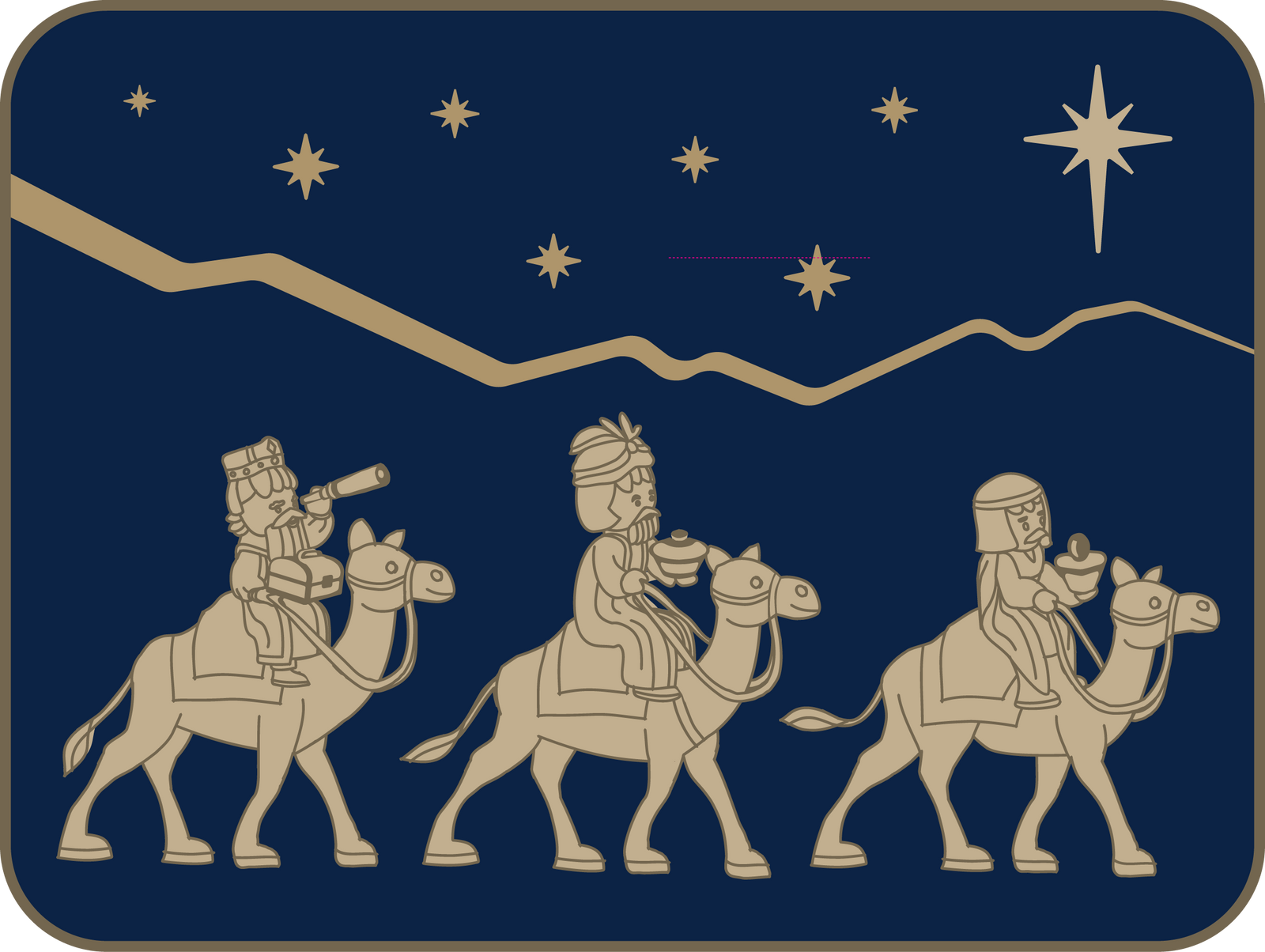 Three wise men on camels in blue and gold