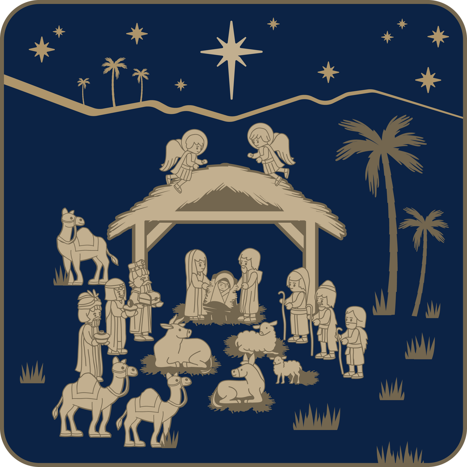 Jesus in manger in blue and gold